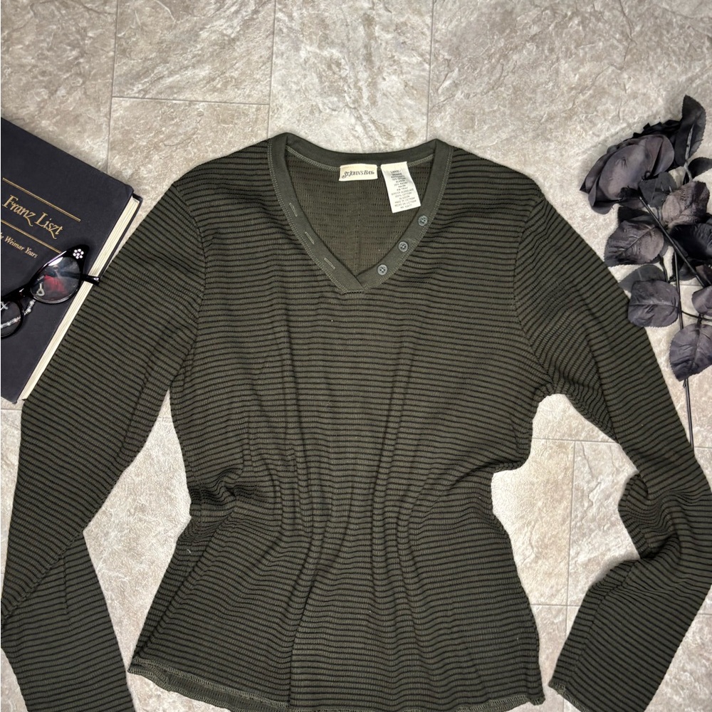 St. John's Bay Dark Green Striped Long Sleeve Top